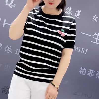 3205女权贵族夏季新款韩版宽松显瘦胖MM大码女装常规款条纹针织衫