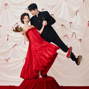 影楼主题婚纱2025新款韩式甜美锻面抹胸花朵喜嫁风礼服裙旅拍摄影