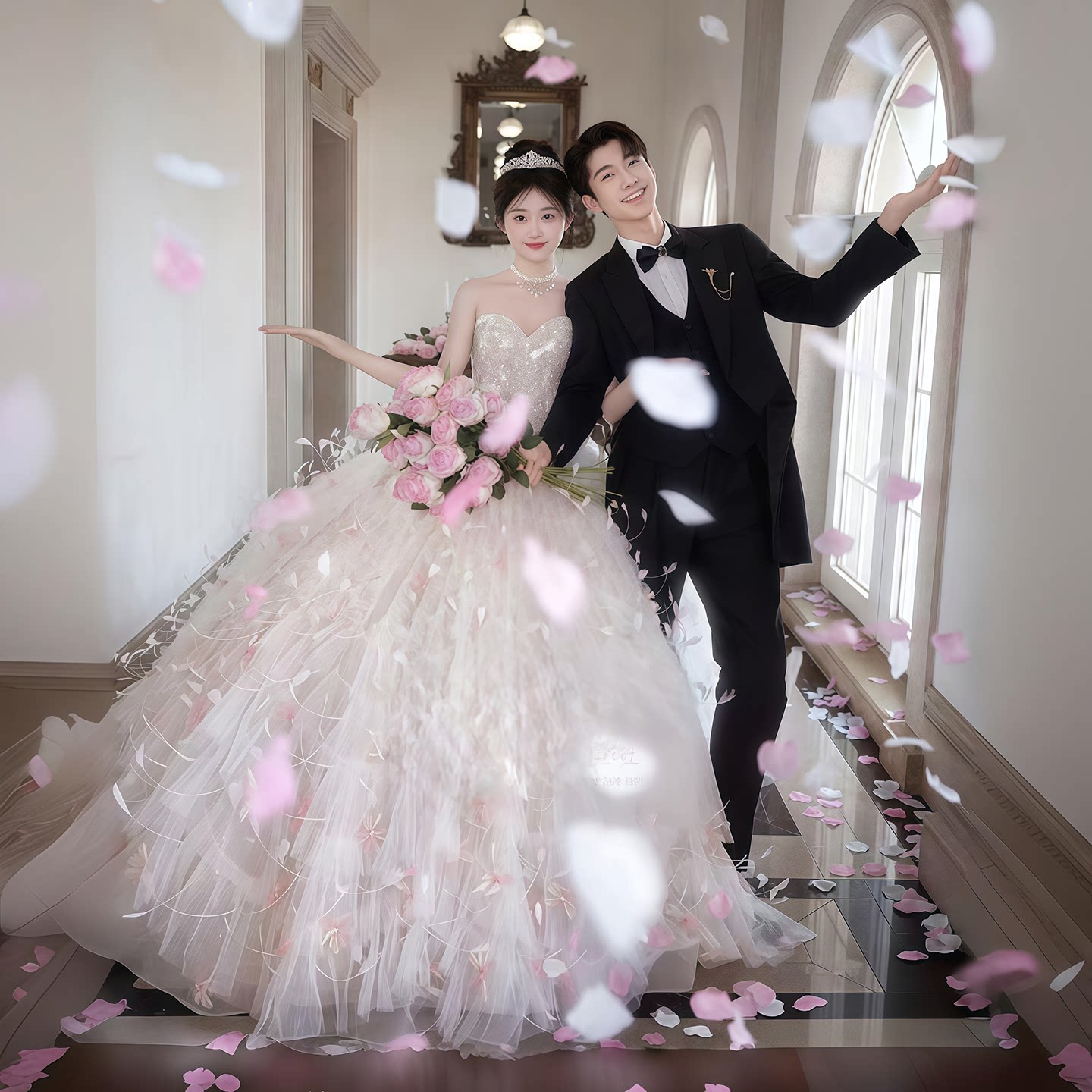 影楼摄影主题梦幻仙女抹胸婚纱重工花朵网纱蓬蓬裙拖尾公主裙礼服