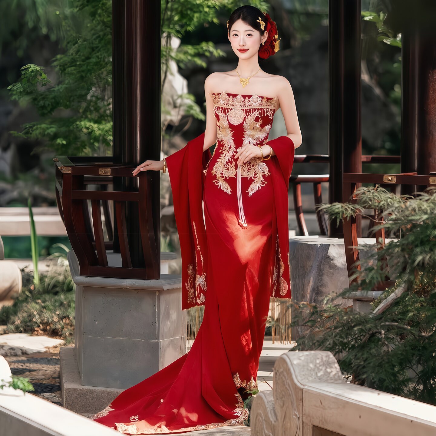 新中式红色抹胸拖尾主题婚纱新娘高级感刺绣敬酒服小个子影楼礼服