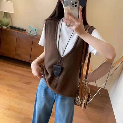 25欧货秋冬100%纯羊毛马甲女V领无袖坎肩背心针织衫毛衣外套上衣