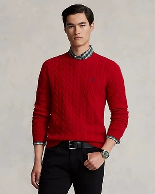 小马刺绣男装秋冬羊绒衫圆领加厚绞花100%羊毛衫宽松大码短款毛衣