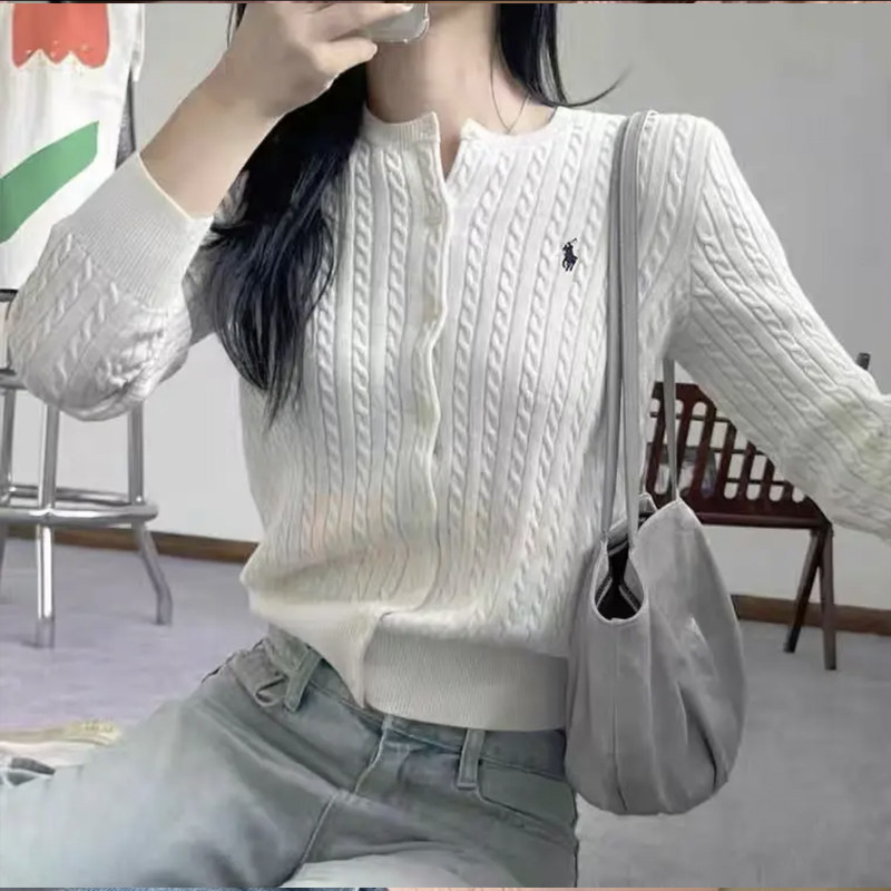 抗起球羊毛衫针织外套女春秋麻花毛衣小马刺绣开衫羊绒衫短款上衣