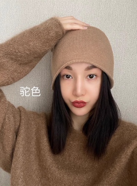 秋冬新款100%纯羊毛帽子男女同款针织毛线帽保暖护耳包卷边头帽