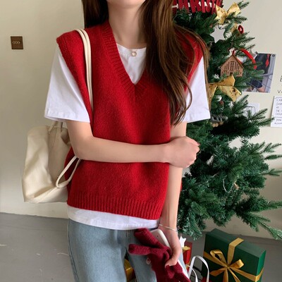 秋冬短款V领针织马甲女100%%纯羊毛宽松慵懒羊绒外搭坎肩毛衣背心