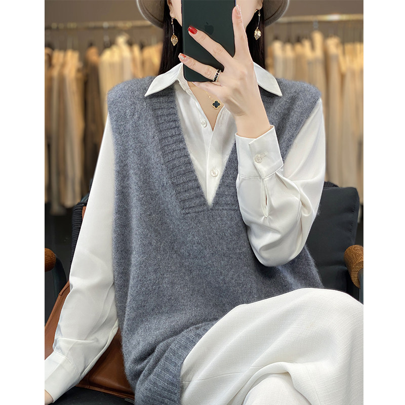 秋冬100%羊毛马甲女V领无袖中长款毛衣背心宽松针织打底羊绒坎肩