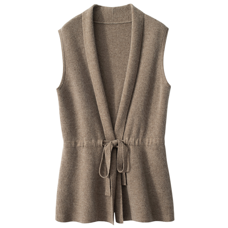 2023秋冬新款100纯山羊绒背心V领系带中长款马甲开衫针织衫宽松
