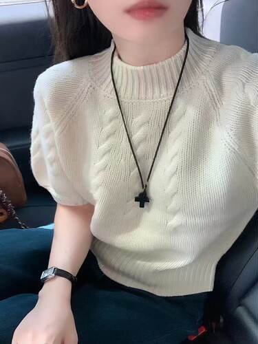 26韩系麻花半高领短袖针织衫女秋季新款宽松显瘦短款毛衣打底上衣