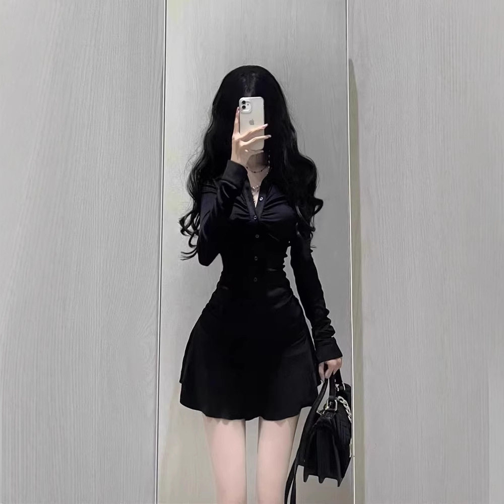 纯欲收腰褶皱短款衬衫连衣裙女夏季美式运动风polo领收腰减龄伞裙