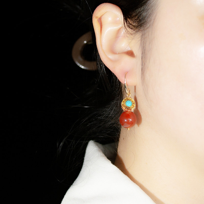 滇石记 耳环女红玛瑙国风绿松石耳饰中式独特漂亮耳环旗袍配饰夹