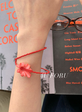 夏日红色海岛风小米珠时尚搭配项链小众花朵项链手链