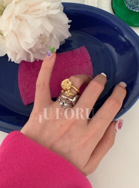 小众设计百搭镶钻锆石指环四叶草开口可调节