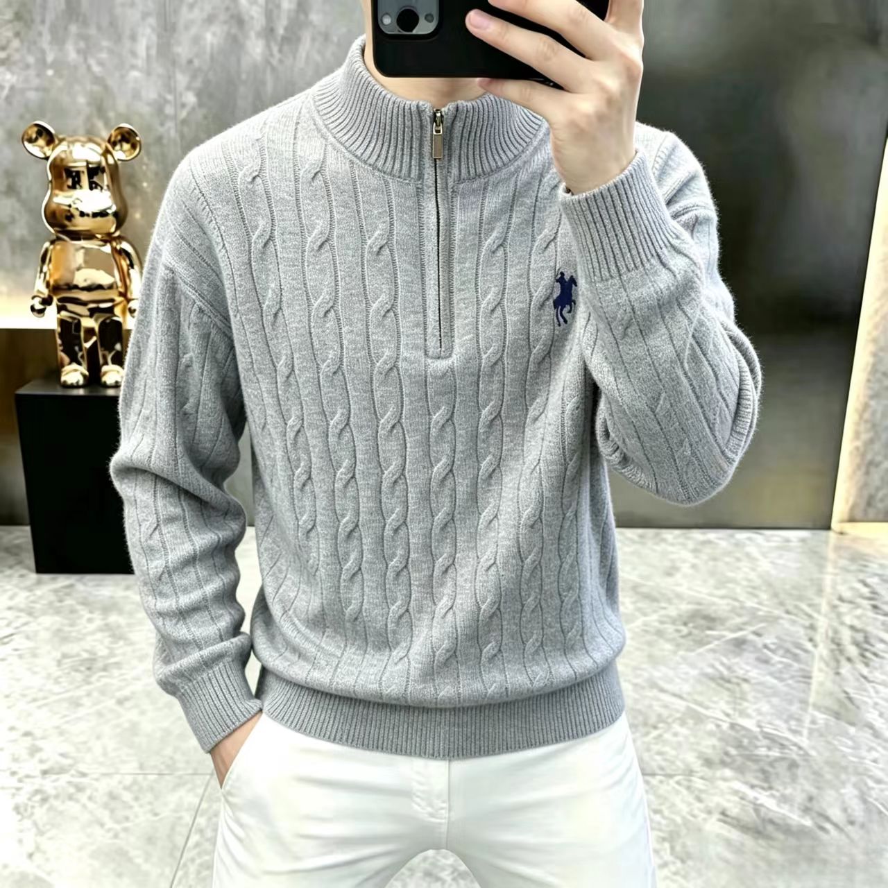 老钱风男装穿搭卡其色小马刺绣毛衣绞花立领半拉链针织衫条纹外套