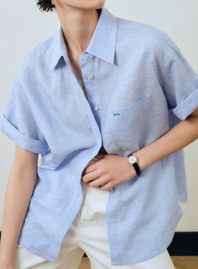 法国原料天然100%亚麻通勤百搭撞色细节短袖宽松衬衫