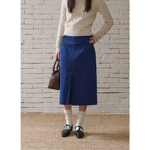 2025冬季 复古vintage风宝蓝色低腰直筒对褶牛角扣半裙 新品