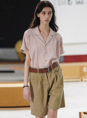 CycleDocum 高密有机棉 连肩卷边袖古巴领条纹短袖衬衫女