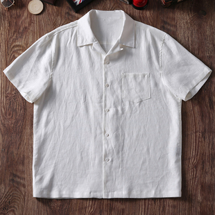 百搭透气复古男 衬衣重磅休闲衬衫 夏季 宽松古巴领亚麻短袖