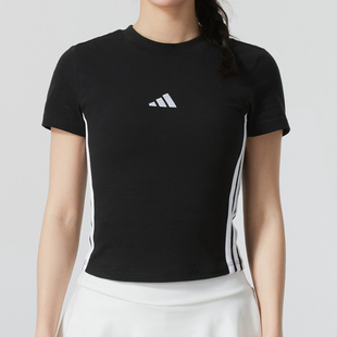 adidas阿迪达斯女子2025春季运动休闲短袖T恤黑色圆领上衣 JY8570
