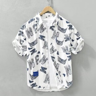 广东普宁男士夏季短袖日系印花潮流宽松休闲百搭衬衣高端外搭衬衫