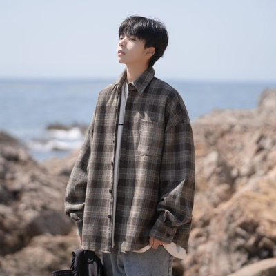 复古格子衬衫男士套装春秋高街宽松搭配痞帅潮牌长袖衬衣休闲外套