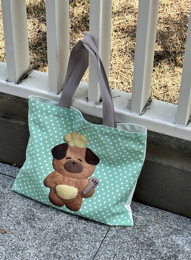 少女岛原创曲奇猪包小狗图案帆布袋单肩包