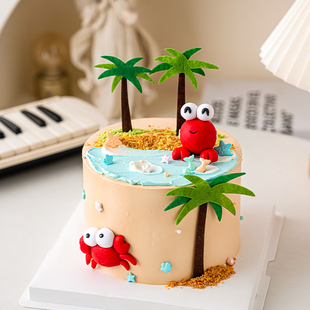 网红ins风巨蟹座蛋糕装饰摆件创意小螃蟹夏日海边椰子树烘焙插件