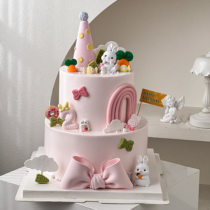 兔宝宝双层卡通蛋糕装饰可爱小兔子摆件儿童生日派对网红ins插件