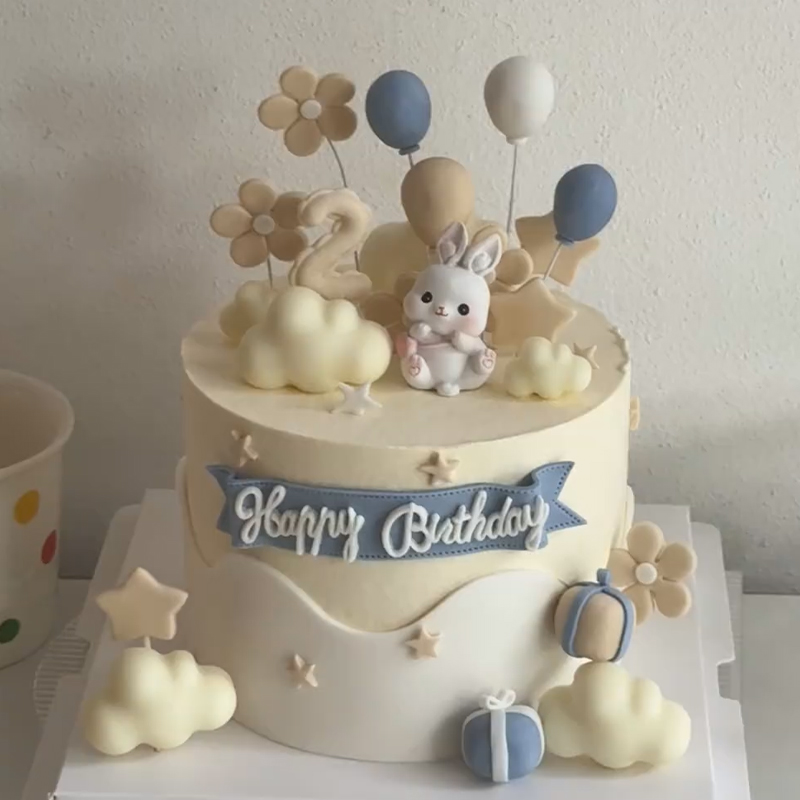 可爱小兔子生日蛋糕褶皱立体云朵数字气球模具装饰插件happy摆件