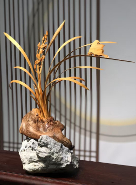 太行崖柏君子兰摆件兰花根雕艺术品天然随形蝴蝶兰花鸟工艺品装饰