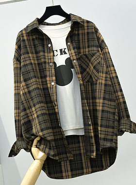 格子衬衫女春秋款2025新款高端纯棉格子衬衣复古加厚大码格子外套