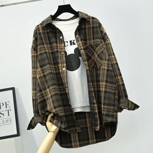 格子衬衫女春秋款2025新款高端纯棉格子衬衣复古加厚大码格子外套