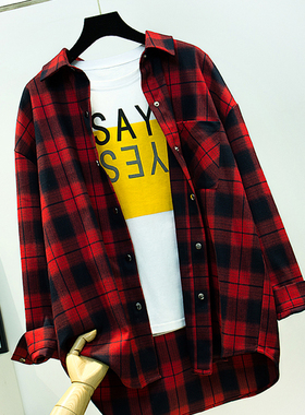 红色格子衬衫女宽松外套长袖2025春秋季新款衬衣磨毛加厚休闲大码