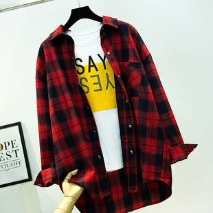 红色格子衬衫女宽松外套长袖2026春秋季新款衬衣磨毛加厚休闲大码