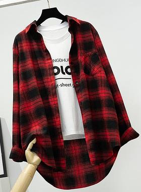 全棉红格子衬衫女春秋款长袖外套中长款磨毛衬衣休闲百搭2025新款