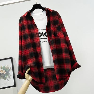 全棉红格子衬衫女长袖中长春秋款