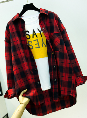 2025春秋格子衬衫女长袖中长款宽松外套休闲百搭加厚红黑衬衣磨毛