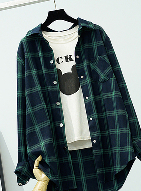 绿色格子衬衫女宽松外套中长款长袖加厚磨毛休闲格子衬衣2025春秋