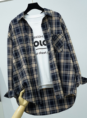 藏青格子衬衫2025新款女宽松衬衣外套长袖春秋厚款大码磨毛慵懒风
