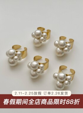 棉花珍珠/手工编织宽边开口戒指 时尚百搭ins小众设计时髦指环女