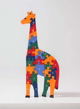 儿童益智木质长颈鹿拼图玩具积木26英文字母数字宝宝早教启蒙认知