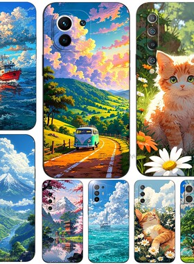 磨砂软手机壳适用小米15 14 13T1010S11 12 12X12S13PRO 乡村山风景猫咪
