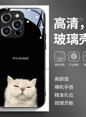玻璃手机壳适用苹果17iPhone16Pro15Max13Pro12XS14XR11X 可爱白色猫咪