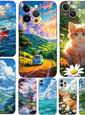 磨砂软手机壳适用苹果iPhone161514Pro Max mini13ProXSXRX87plus1211SE 乡村山风景猫咪