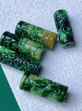 天然翡翠干青桶珠花青转运珠雕刻回纹珠缅甸A货翡翠玉石diy手链