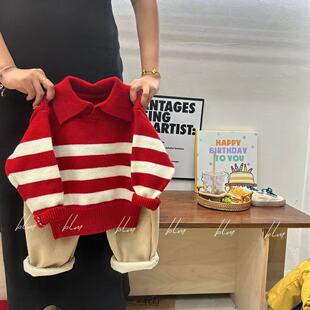 过年服冬款韩版红色喜庆针织Polo领套头毛衣男女童洋气条纹针织