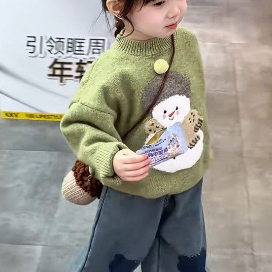 韩国儿童卡通可爱雪人绿色毛衣保暖打底衫2025秋冬新款男女针织衫