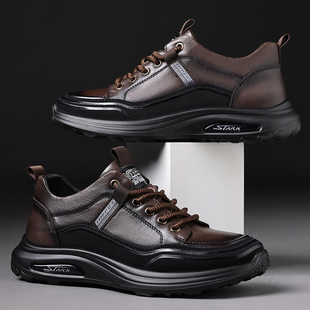 圣保沃男鞋春季真皮棕色皮鞋男头层牛皮软底运动休闲鞋百搭旅游鞋