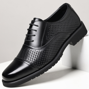 男头层牛皮商务洞洞凉鞋 真皮男鞋 皮鞋 镂空透气三接头正装 2026夏季