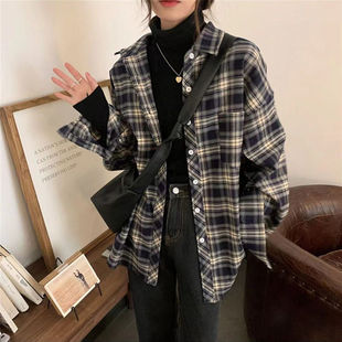 叠穿格子衬衫女韩国东大门新款复古港味宽松百搭BF慵懒风衬衣外套