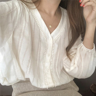 韩版 衬衣2022早秋衬衫 蕾丝衫 V领泡泡袖 白色长袖 女